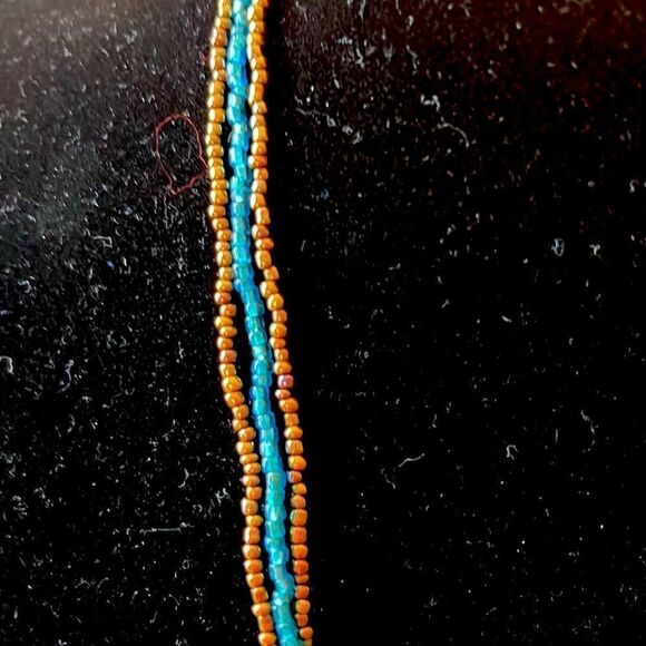 Brown and Turquoise Seed Beaded Necklace with Abstract Glass Loop Pendant - Picture 4 of 5